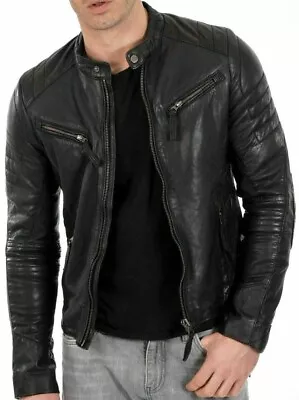 Mens Vintage Genuine Leather Jacket Slim Fit Real Cafe Racer Biker Jacket • $155
