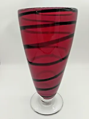 Vintage Handblown Art Glass Vase 10  Blood Red Black Swirls Heavy Hand Blown • $50.18