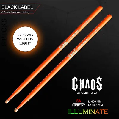 $24 • Buy Drum Sticks Chaos Illuminate 5a Drumsticks – Fluro Orange - Glow In Dark
