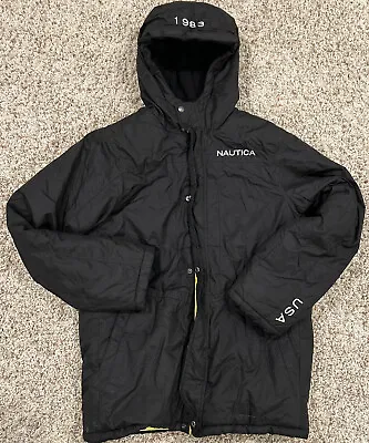 Vintage 90s Nautica Puffer Jacket Zip Snaps USA Large 18-20 Black Yellow • $34.99