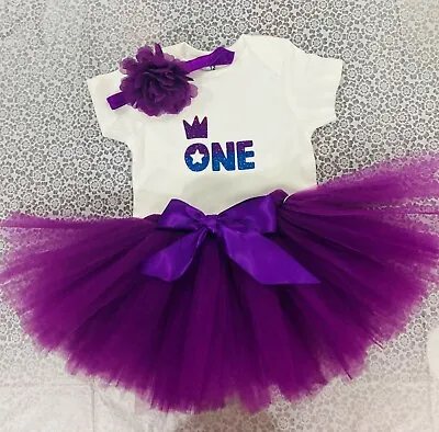 Royal Purple First Birthday Outfit 3 Piece Tutu Set Baby Girl Cake Smash  • $45