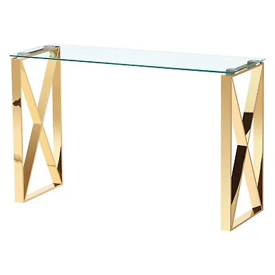 Console Table Hall Display Stand Clear Tempered Glass Top Gold Steel Frame • £149.99