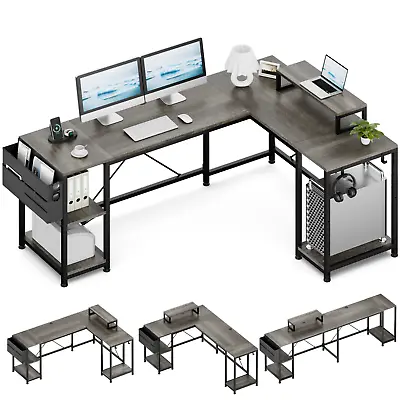 L Shaped Desk 95  Reversible Corner Computer Desk With Shelves Home Office Gray • $109.99