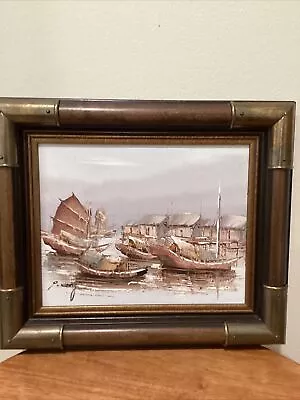 P. WONG. Vintage Painting On Canvas “Boats “ Framed • $150