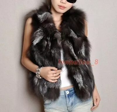 Women 100% Genuine Silver Fox Fur Vest Real Fur Short Waistcoat Tops Gilets Coat • $69.83