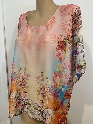Cienna Top Pink Floral Kaftan SzL Silk Tunic Beautiful Print Camilla Style  • $60