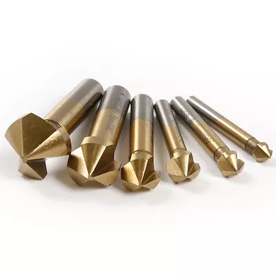 6 Pc 3 Flute HSS Titanium Chamfer Chamfering End Mill Cutter Bit Countersink Set • $8.79