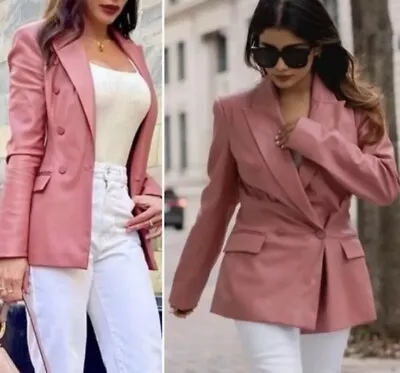 Blogger Fav Zara Womens Salmon Pink Vegan Leather Tailored Blazer Size XS • $62.99