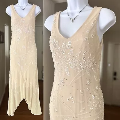 Cache Vintage Dress Beaded Silk Y2K Fairy Midi Evening Gown Asymmetrical Hem • $175