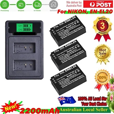 3x Battery + Charger For Nikon 1 AW1 J1 J2 J3 S1 V3 Coolpix A P1000 P950 EN-EL20 • $68.10