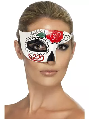 Day Of The Dead Sugar Skull Half Eye Mask Ladies Fancy Dress Accessory • £6.99