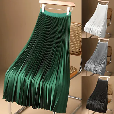 UK Womens High Waist Pleated Skirt Dress Ladies Summer Holiday Long Swing Skirts • £9.08