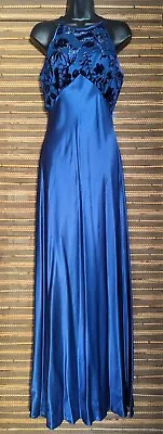 Vintage 90s Size 9/10 Prom Dress Navy Blue Satin Floral Velvet Long Formal Gown  • $76.46