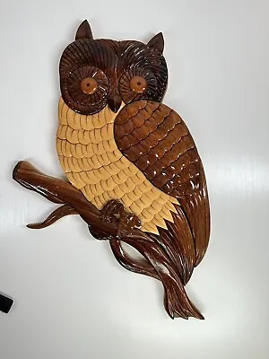 Hand Crafted Wood Art OWL Wall Plaque MCM Mid Century Modern Large • $32
