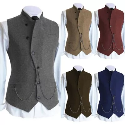 Mens Formal Tweed Suit Vest Vintage Herringbone Retro Cowboy Groomsmen Waistcoat • $33.99