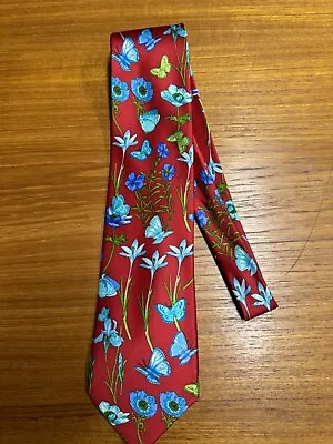 Kenzo Homme Silk Tie.  Red W Blue Floral Butterflies. 57”x4” • $29.95