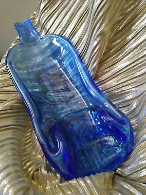 Melted Thick Blue Glass Bottle Interesting Display Floral Accent 12  Art Craft! • $15