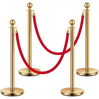 4PCS Golden Crowd Control Barrier Stanchion Set Posts Queue Pole Velvet Ropes • $64.99