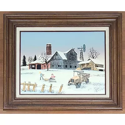 H. Hargrove Winter Barn Farm House Children Sledding Oil Painting On Canvas • $49.95