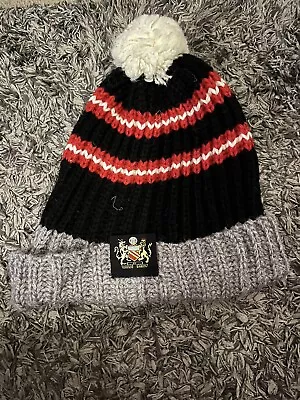 Used Manchester United Pure British Wool Bobble Hat Rosso Bianco Nero 1878 • £30