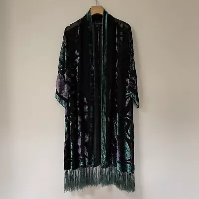 Silk Caress 100% Silk Burnt Velvet Kimono Size Small Black Violet Aqua • $148