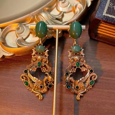 Relief Dragon Palace Jade Vintage Retro Gold Plated Glass Earrings Ladies • $15.66