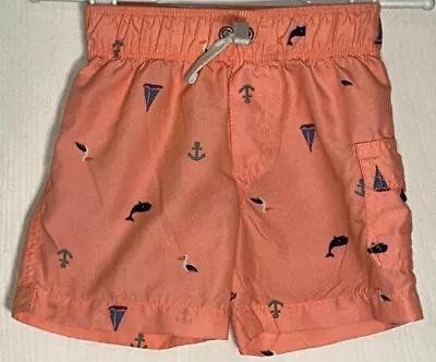 Carter's Baby Boy 18M Swim Suit Elastic Waist Orange Nautical Front Tie Pocket • $7.75