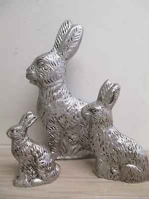 3 Primitive Antique Vtg Tin Style Bunny Rabbit Silver Resin Faux Chocolate Mold • $22.99