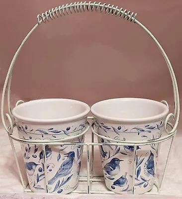 Pair Hallmark Marjalein Bastin Bird Planters & Wire Basket - Flowerpots • $22.95