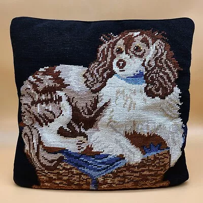 English Country Staffordshire King Charles Dog Needlepoint Pillow/Cushion Black • $69.95