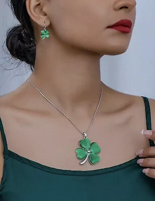 3 PC Clover Necklace Earrings Set Green Clove Irish Patricks Day Fashion Jewelry • $18.99