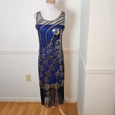 New Babeyond Flapper Dress Size Small Womens Blue Sequin Fringe Mesh Cocktail  • $28