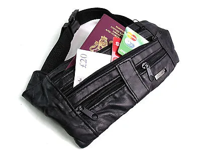 Unisex New Slim BumBag Lightweight Real Black Leather Holiday Safety Money Belt  • £9.99