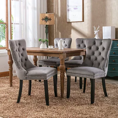 Velvet Dining Chair Set Tufted Kitchen High Back Upholstered Room W/ Wood Leg • $472.17