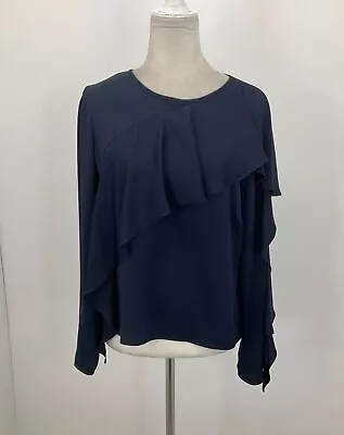 Milly Navy Blue Silk Asymmetrical Ruffle Long Sleeve Blouse Size 4 • $10