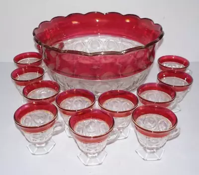 VTG Indiana Glass Lexington Thumbprint Ruby Red Punch Bowl Set 12 Cups • $79.95