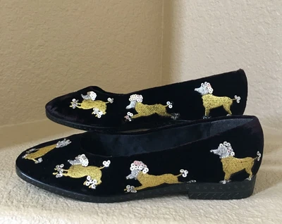 $27.95 • Buy Beverly Feldman Black Velvet Gold Sequin Poodle Dog Slip On Dress Flats 6.5