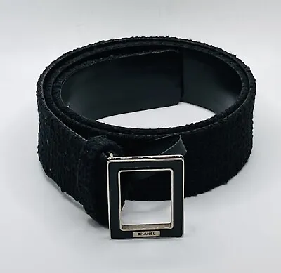 Chanel B13 2013 P Collection Black Tweed & Leather Art Deco Belt Buckle Size 40 • £284.31