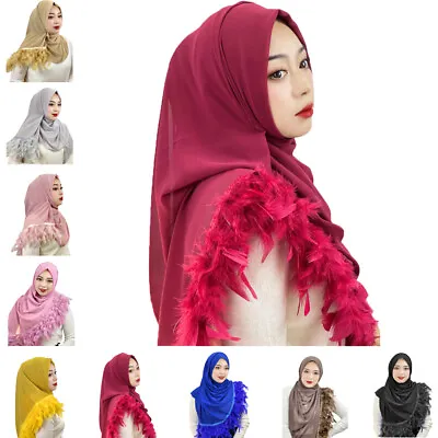Muslim Long Scarf Women Feather Hijab Shawl Headscarf Wrap Islamic Scarves Stole • $11.39