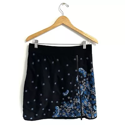 Title Nine Merino Wool Skirt M Knit Mini Black With Blue Floral Pattern Outdoor • $29