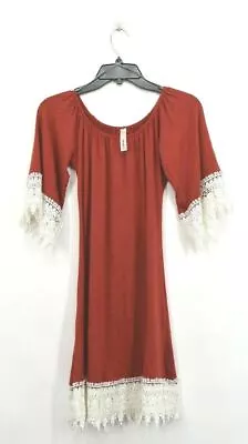 Yahada Womens Red Off The Shoulder Stretch Dress 3/4 Sleeve Crochet Hem S • $9.22