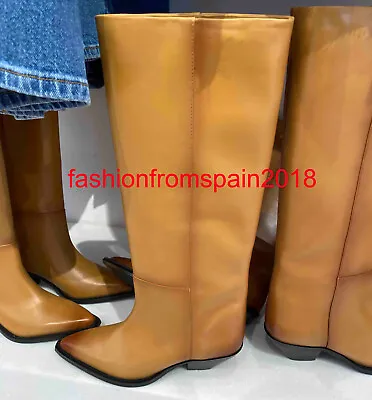 $184.99 • Buy Zara New Woman Heeled Leather Cowboy Boots Beige 35-42 1010/110