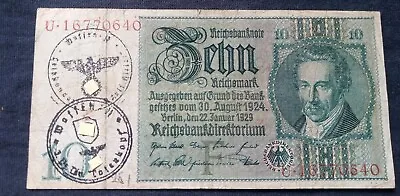 German 3rd Reich WW2  10 Reichsmark Note With 1st & 3rd Panzer Division  Stamps • $75
