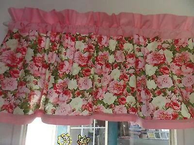 Vintage Pink Rose Bouquet Pink Trim Floral Handmade Window Valance 42 X 16 • $22.99