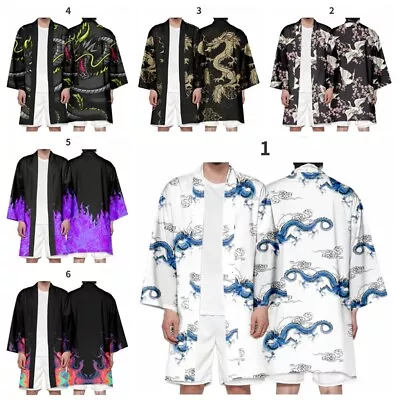 Mens Vintage Style Yukata Japanese Cardigan Dragon Pattern Kimono Loose Casual • £21.34