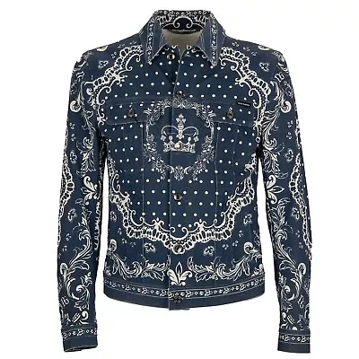 DOLCE & GABBANA Bandana Crown DG Logo Denim Jacket Blue White 48 US 38 M 11498 • £695