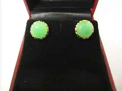 Vintage 10mm Natural Green Jade Stud Earring 14k Yellow Gold Plated Jade Earring • $220.34