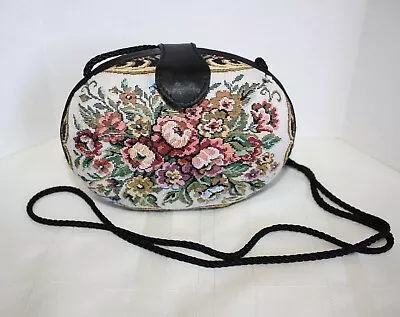 Vintage Petit Point Needlepoint Floral Tapestry Hard Shell Purse Crossbody Strap • $14.50