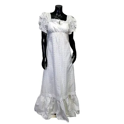 Vintage 70s White Eyelet Cotton Prairie Peasant Maxi Dress Empire Waist Wedding • $96.59