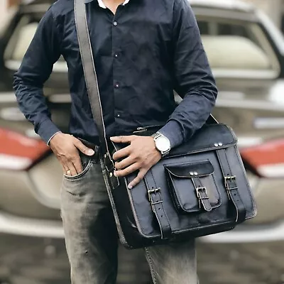 15  Solid Black Leather Men Messenger Laptop Handmade Briefcase Satchel Vintage • $49.40